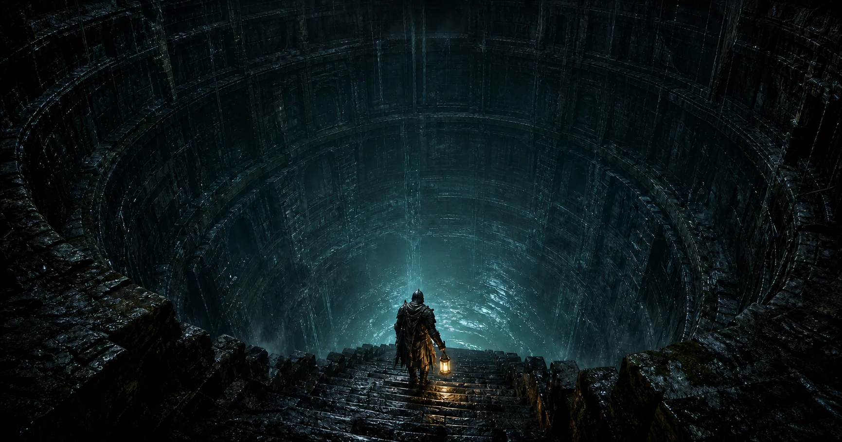 A lone armored HERO carries a lantern down wet stone steps into the immense blue-lit Deepwell.