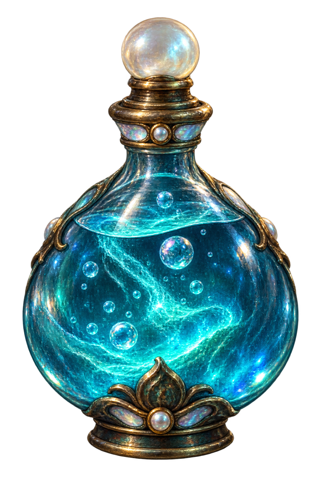 A glowing blue potion bottle